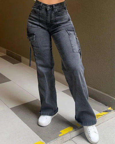 Weite Jeans mit hoher Taille und Taschenklappen für Frauen