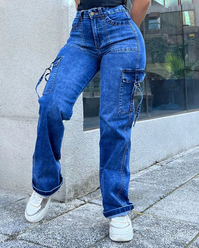 Weite Jeans mit hoher Taille und Taschenklappen für Frauen