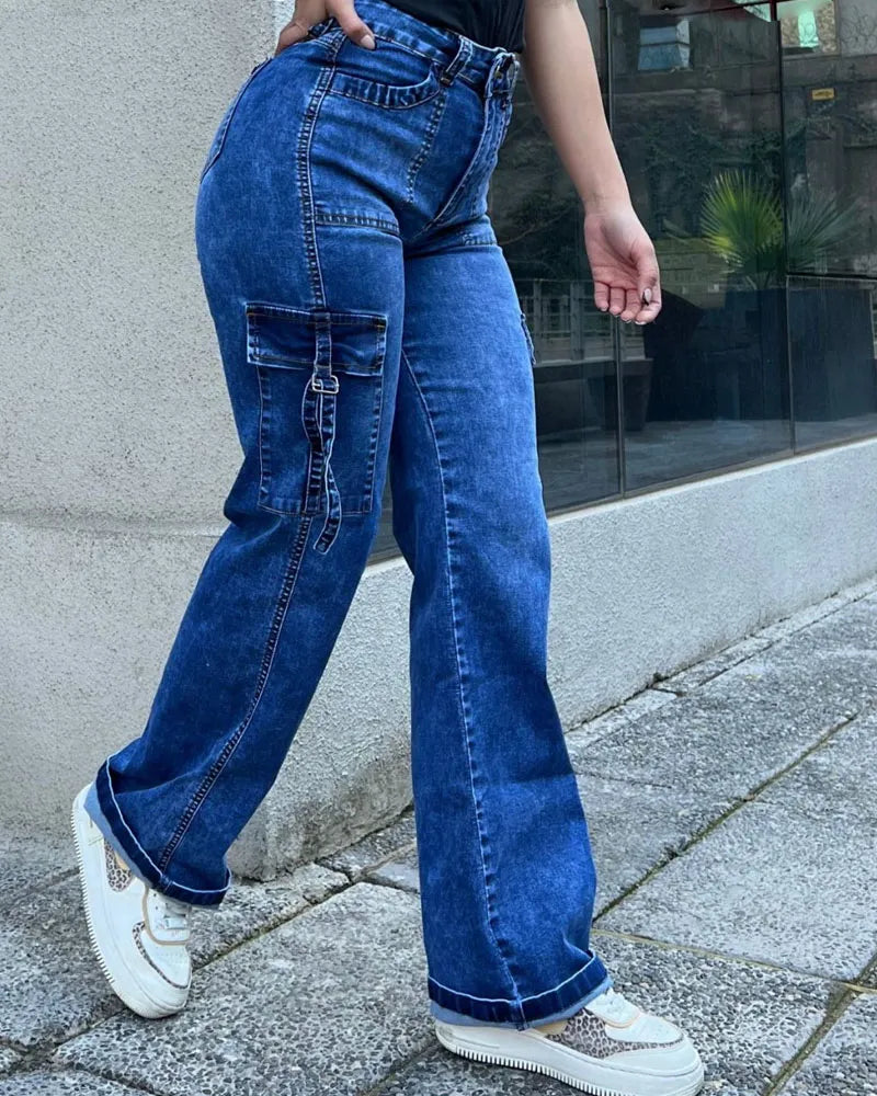 Weite Jeans mit hoher Taille und Taschenklappen für Frauen